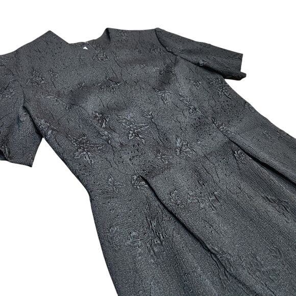 Vintage 70s Dress Black Embossed Floral Short Sleeve Pencil Knee‎ Length 10 M - Picture 4 of 13